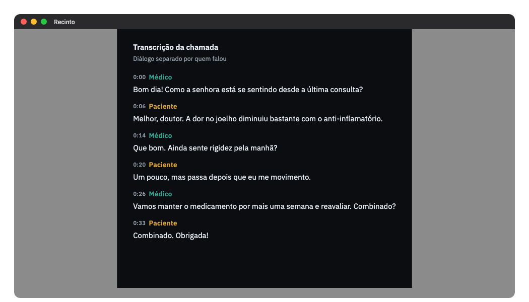 Transcrição da teleconsulta separada por falante, com o horário de cada fala.