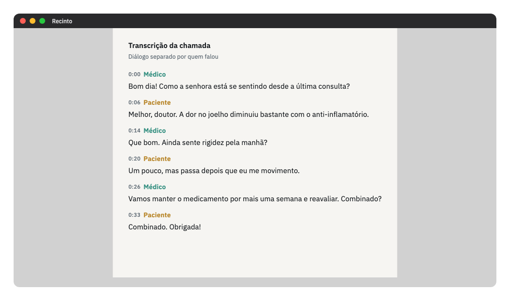 Transcrição da teleconsulta separada por falante, com o horário de cada fala.
