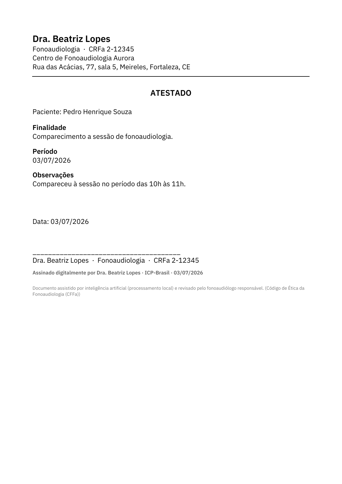 Atestado: Atestado de comparecimento à sessão.