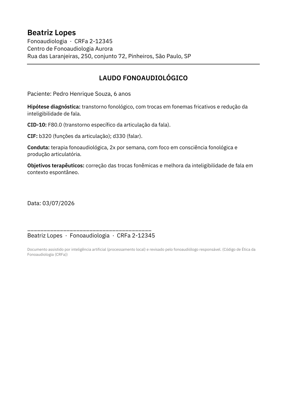 Laudo fonoaudiológico em PDF com hipótese, CID-10, CIF, conduta e objetivos.