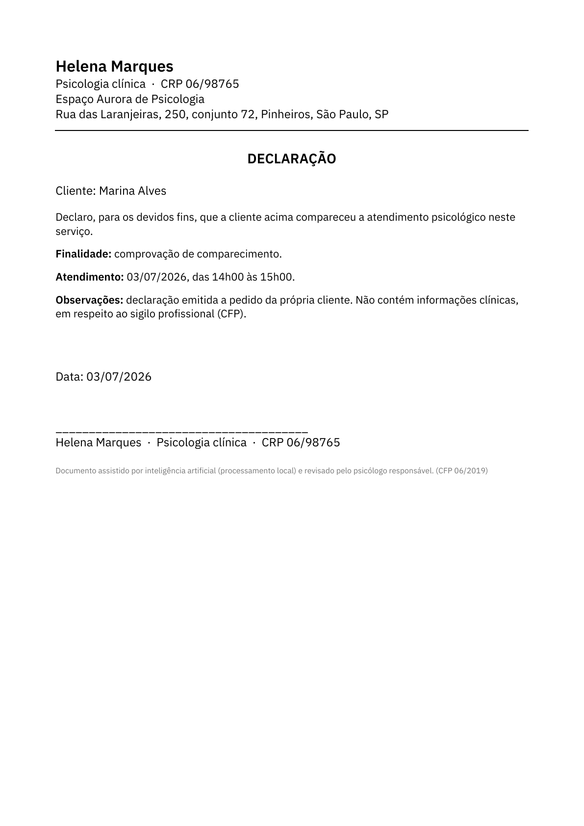 Declaração de comparecimento em PDF, sem informações clínicas (sigilo CFP).