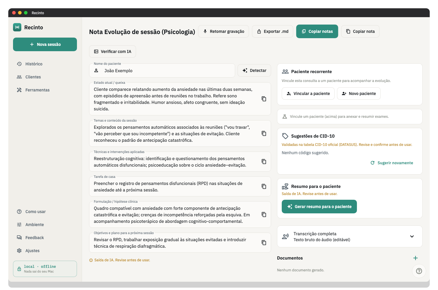 Evolução de sessão de psicologia.